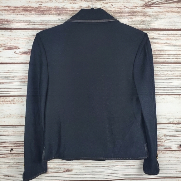 St. John Collection Womens Size 2 Vintage Black Santana Knit Leather Trim Jacket - Picture 6 of 11